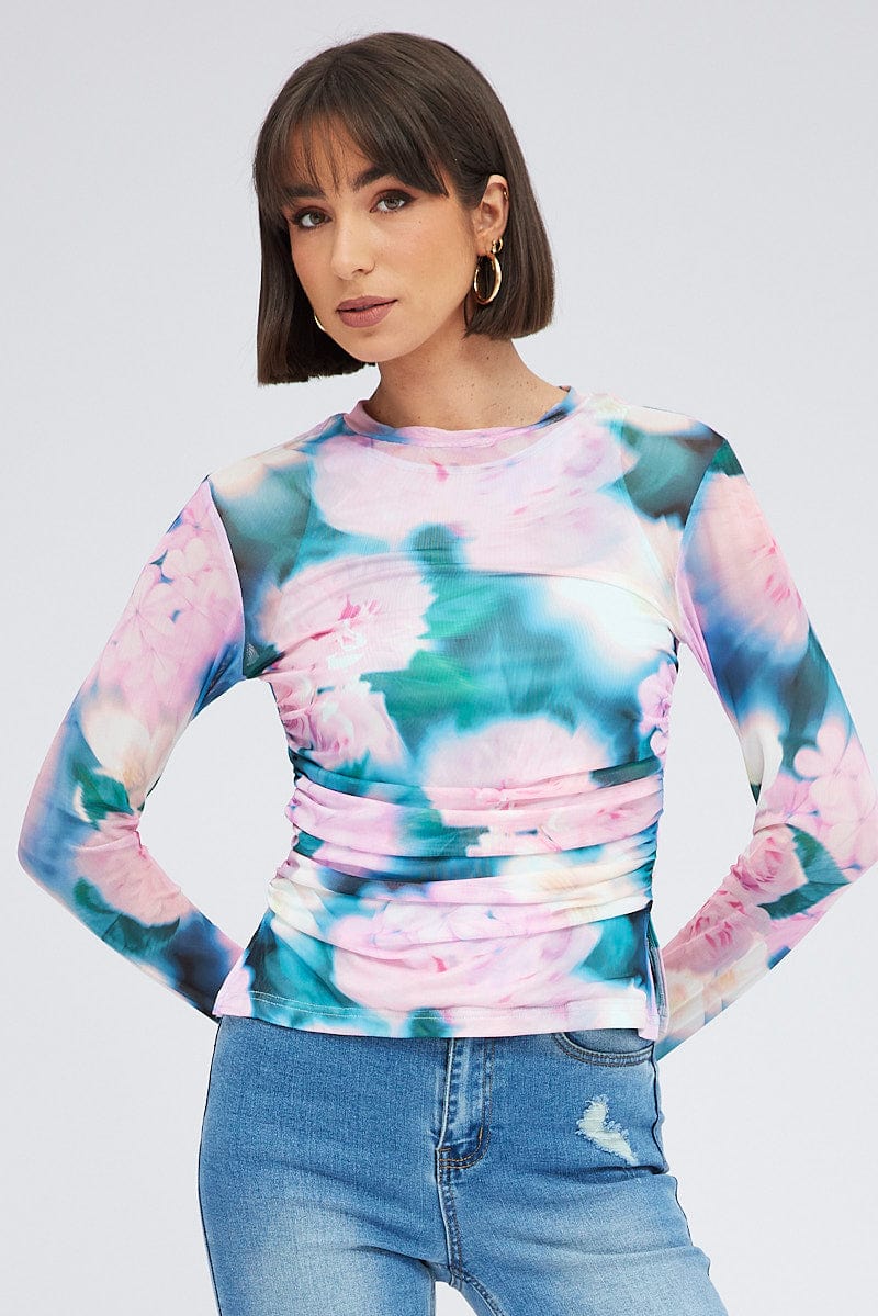 Pink Abstract Top Long Sleeve Crew Neck Longline Ruched Mesh