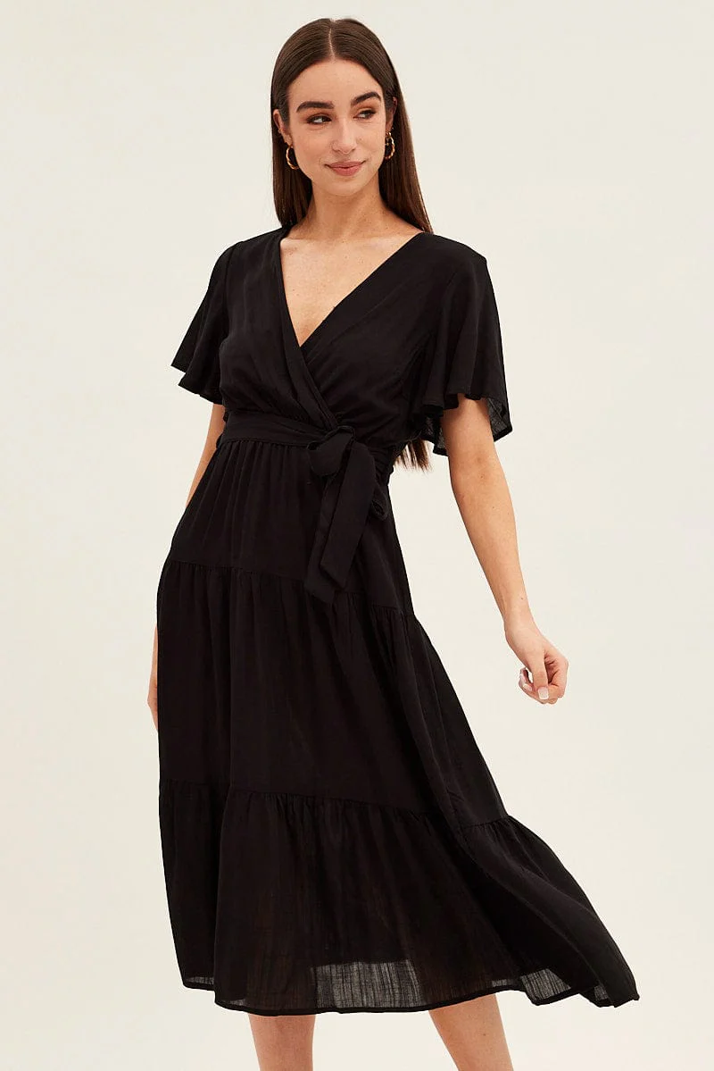 Black Tie Waist Tiered Midi Dress