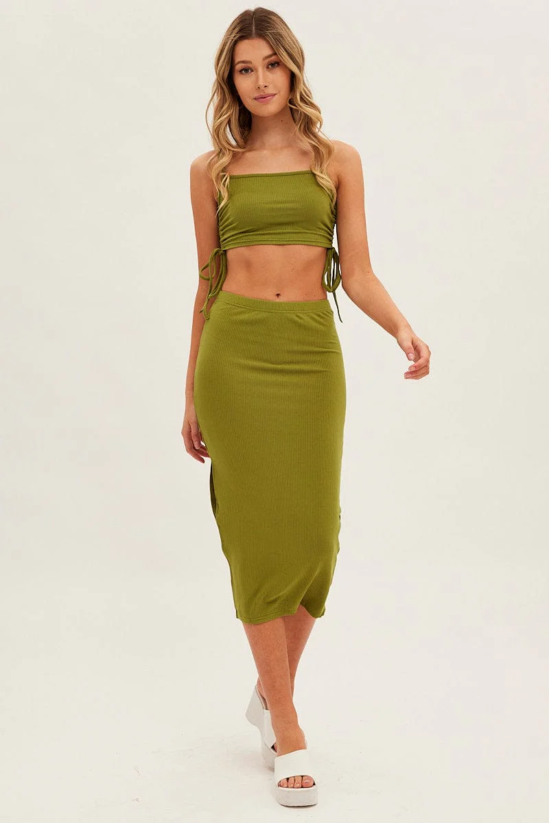 Green Midi Skirt Rib Jersey Side Slit Midi