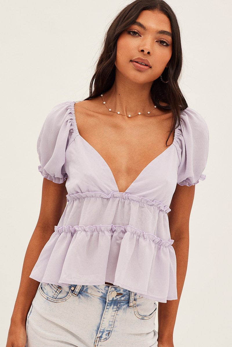 Lilac Ruffle V Neck Puff Sleeve Tiered Top