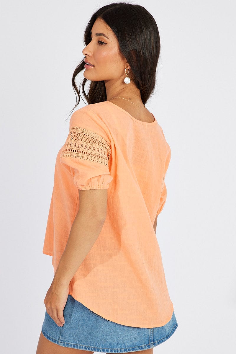 Brown Top lace details sleeve texture cotton