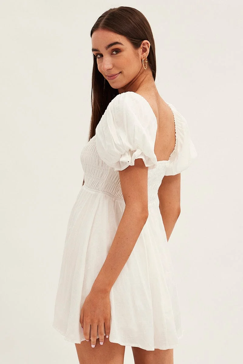 White Skater Dress Square Neck Short Sleeve