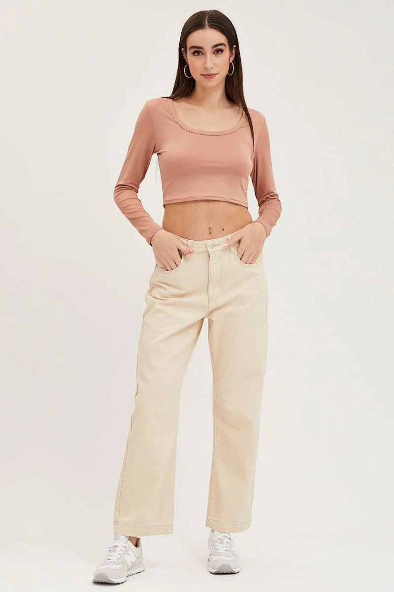 Brown Crop Top Smooth Long Sleeve Scoop Neck