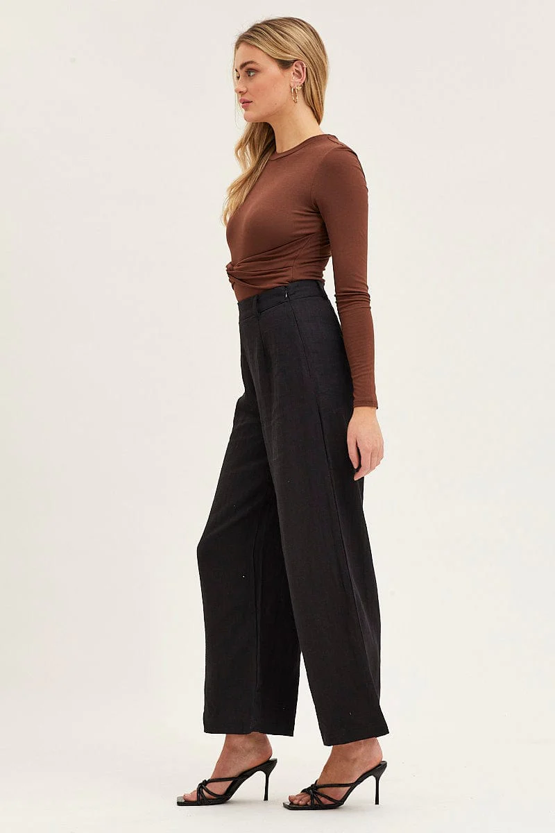 Black Pants High Rise Wide Leg Linen Blend