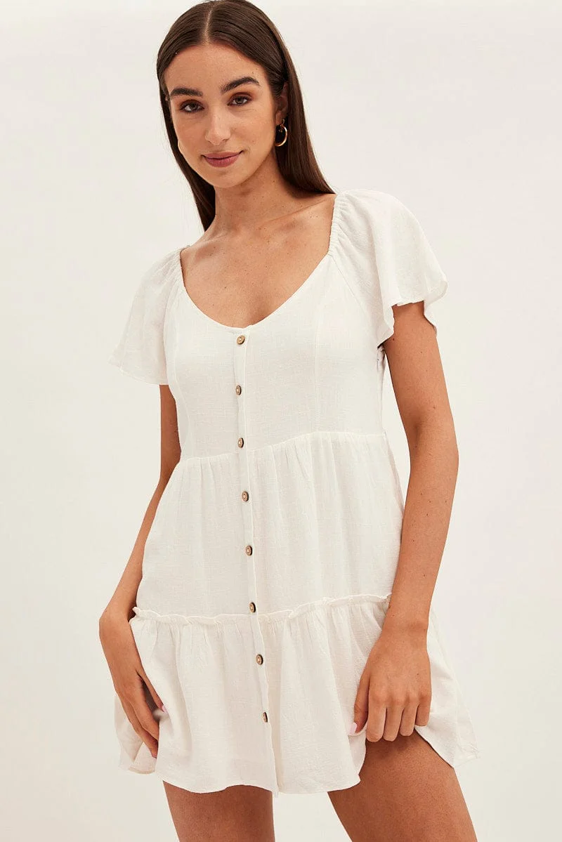 White Dress Square Neck Short Sleeve Tiered Button Front