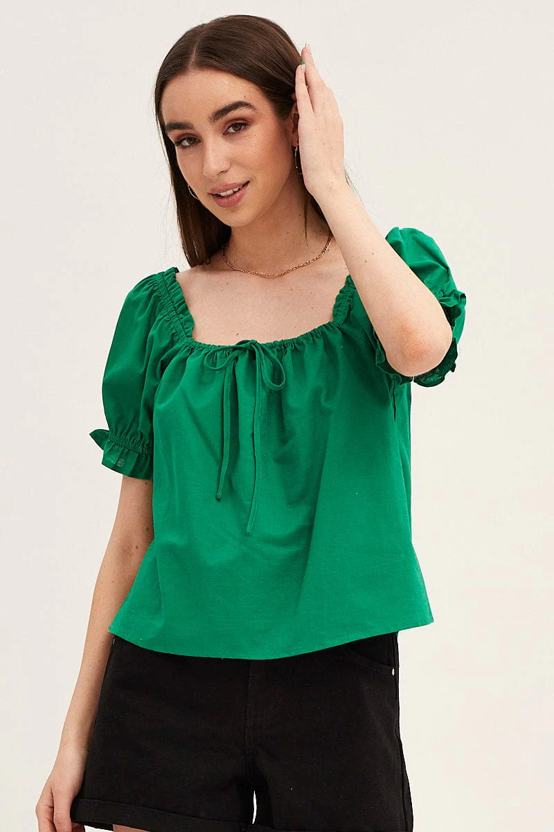 Green Cotton Linen Puff Short Sleeve Longline Top