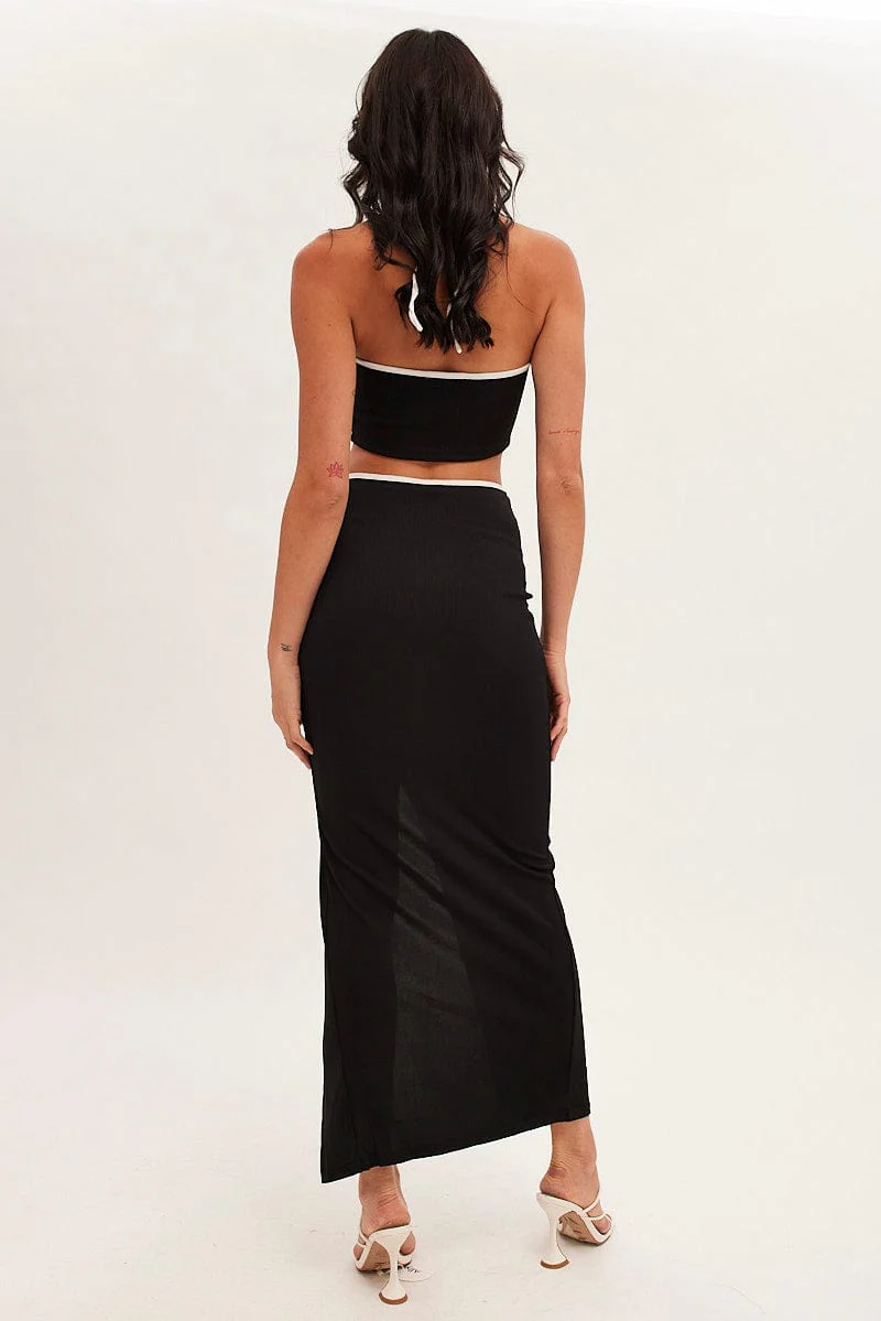 Black Bodycon Skirt Midi Ribbed Contrast Bind