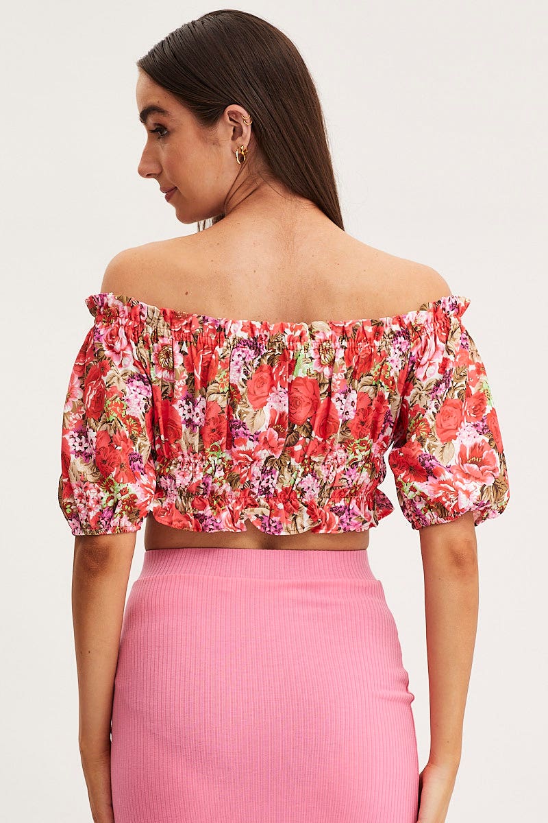 Print Crop Top Off Shoulder