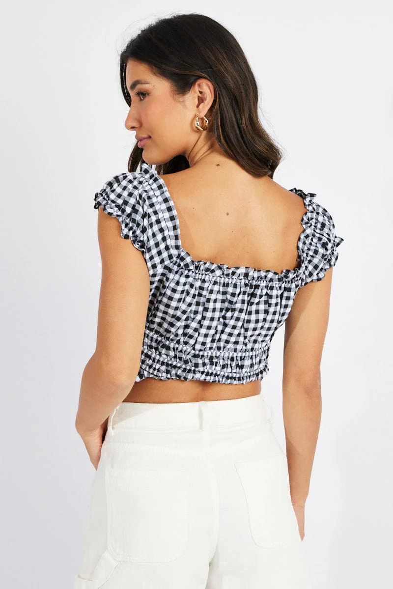 Black Check Ruched Top Sleeveless