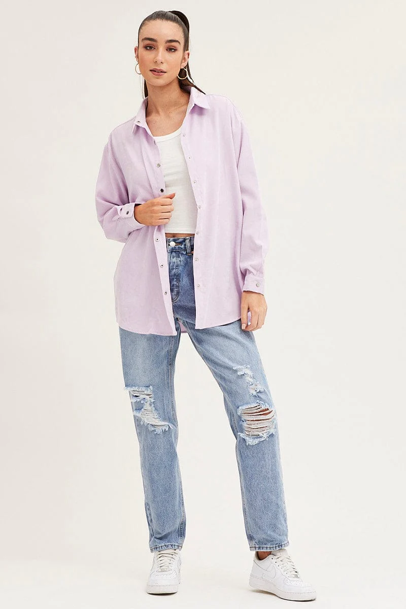 Purple Shirt Top Long Sleeve Collared Corduroy