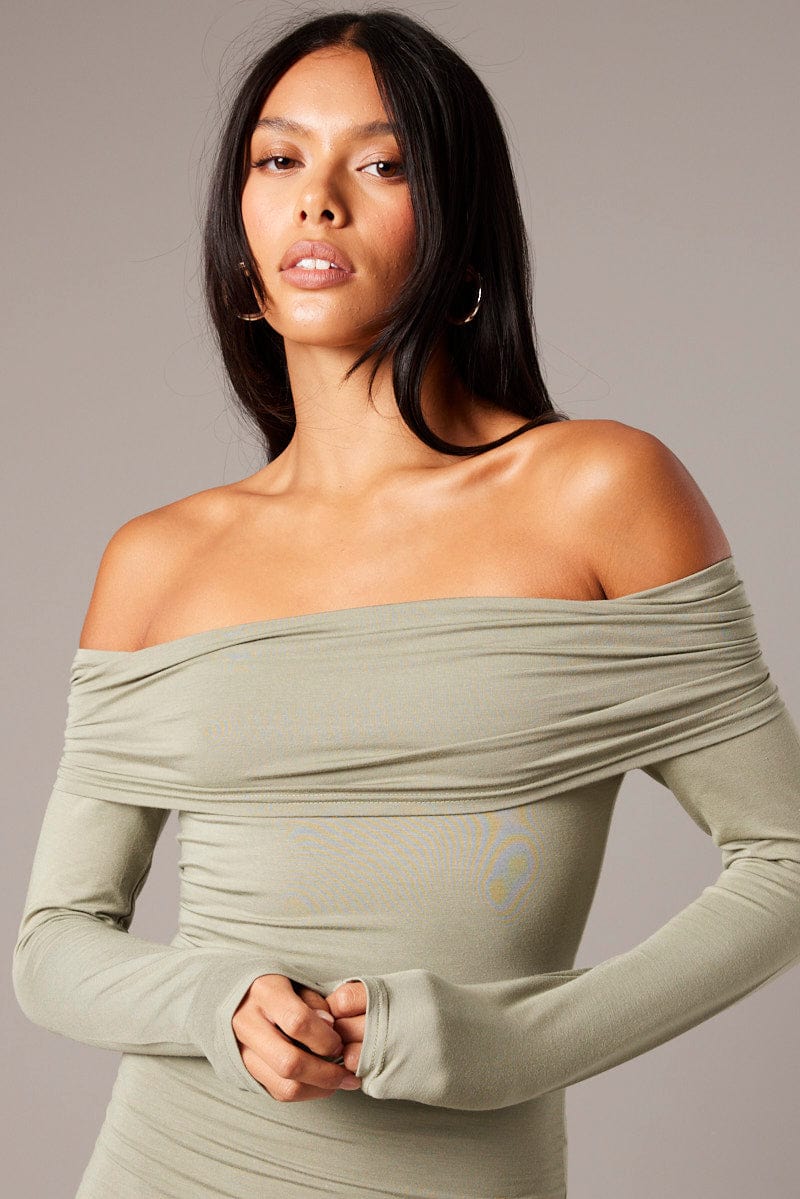 Green Off Shoulder Dress Long Sleeve  Maxi