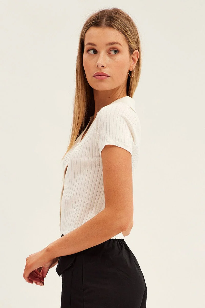 White Collar Knit Crop Cardigan Short Sleeve