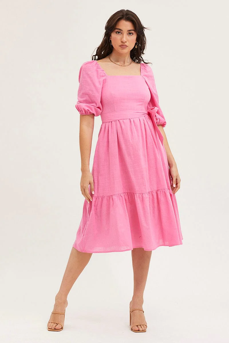 Pink Dress Puff Sleeve Maxi