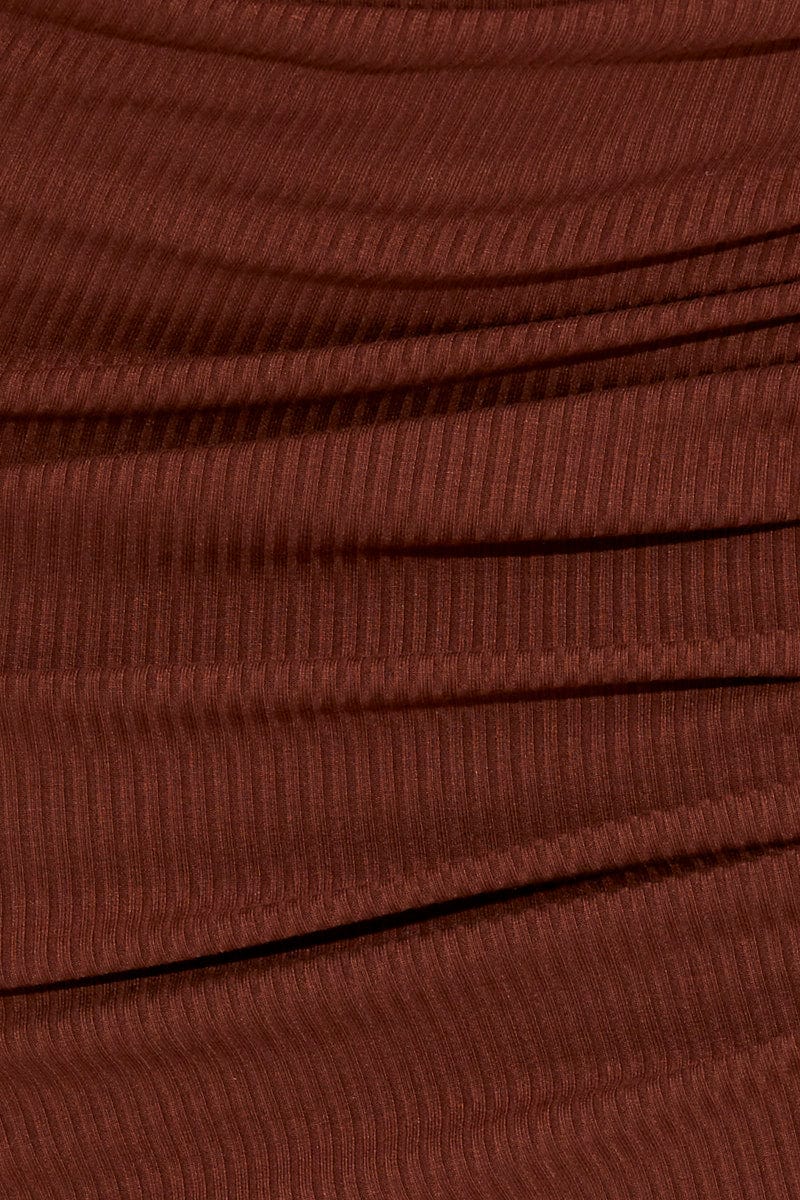 Brown Maxi Skirt Front Slit Ribbed