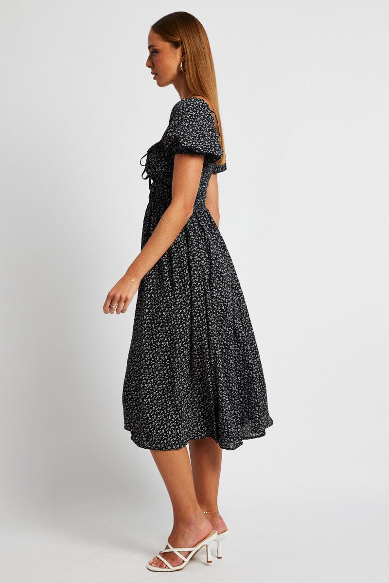 Black Ditsy Midi Dress Short Sleeve Ruched Bust