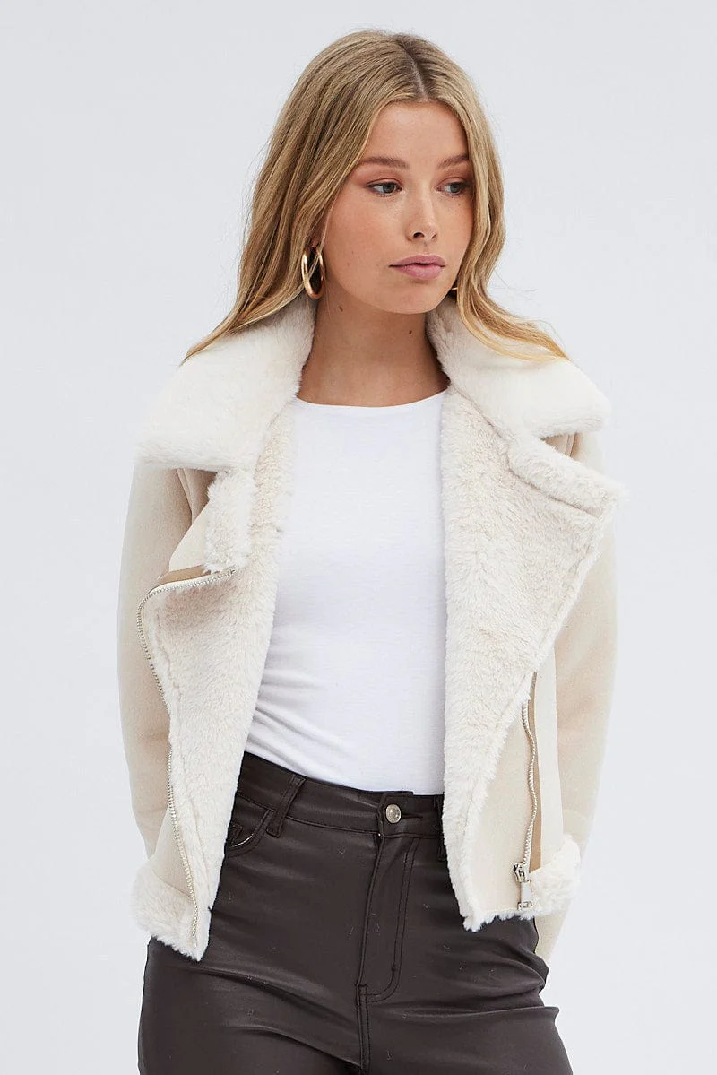 Beige Faux Fur Biker Jacket