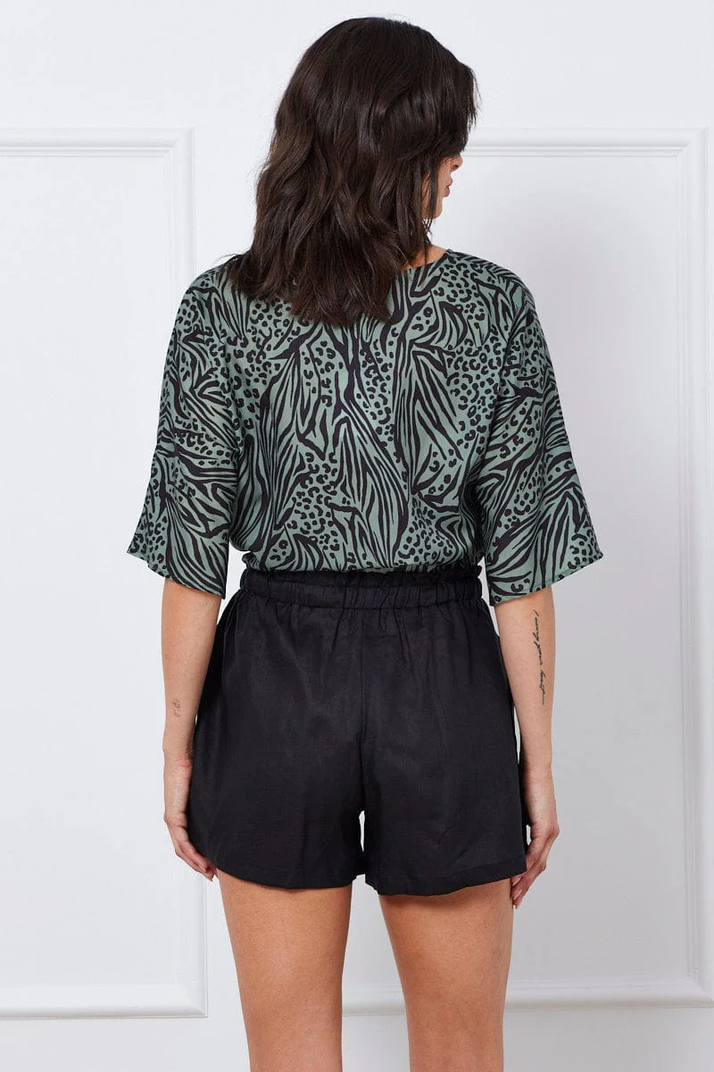 Black Tie Up Linen Shorts Paper Bag Linen