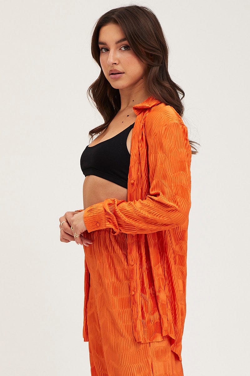 Orange Plisse Shirts Long Sleeve