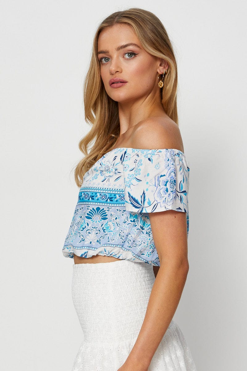 Boho Print Wrap Top Off Shoulder Tie Up Crop