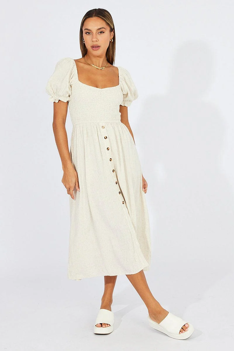 Beige Midi Dress Puff Sleeve Linen Blend