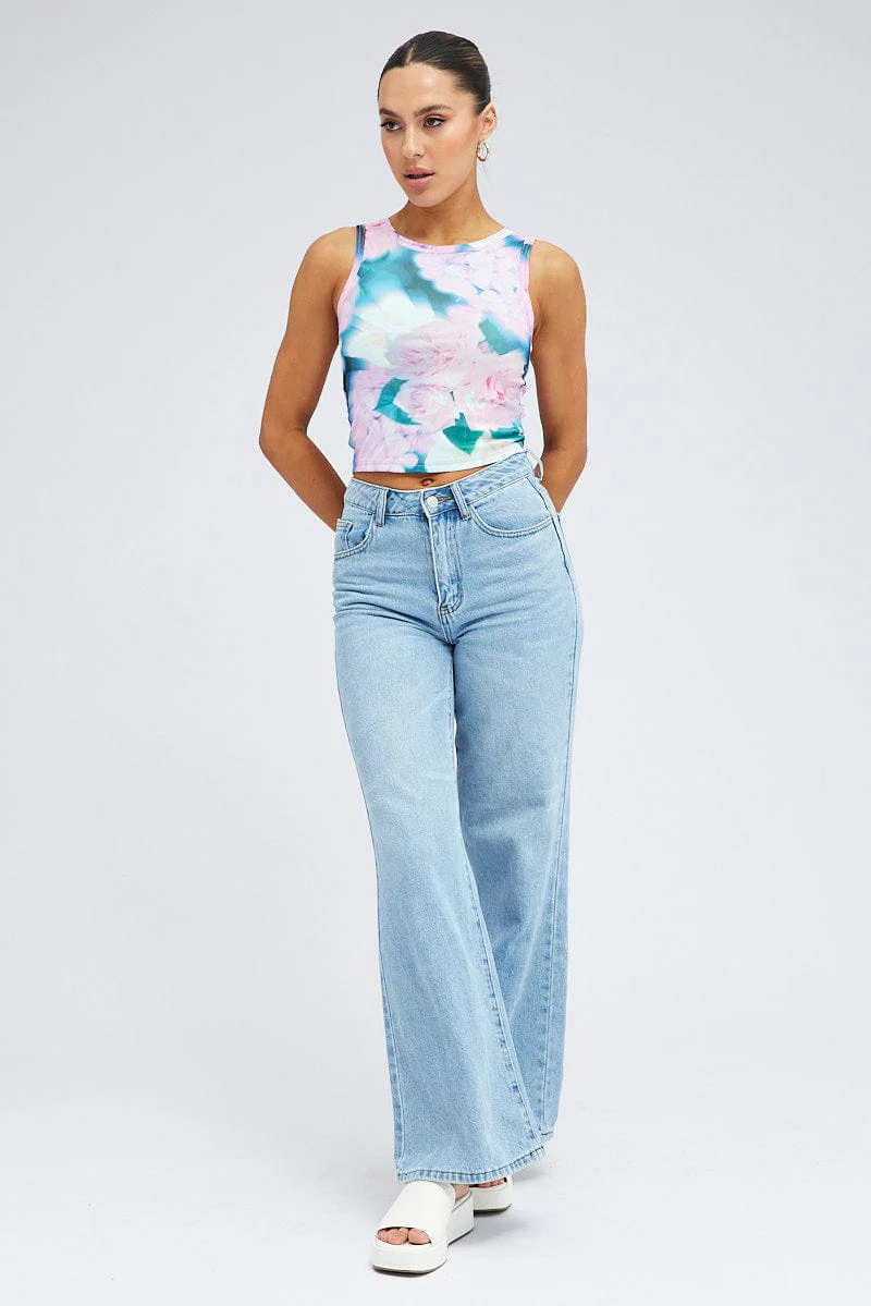 Pink Abstract Mesh Tank Sleeveless