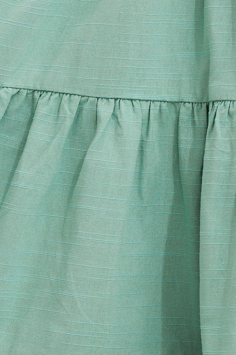 Green Puff Sleeve Shirred Tiered Skater Dress