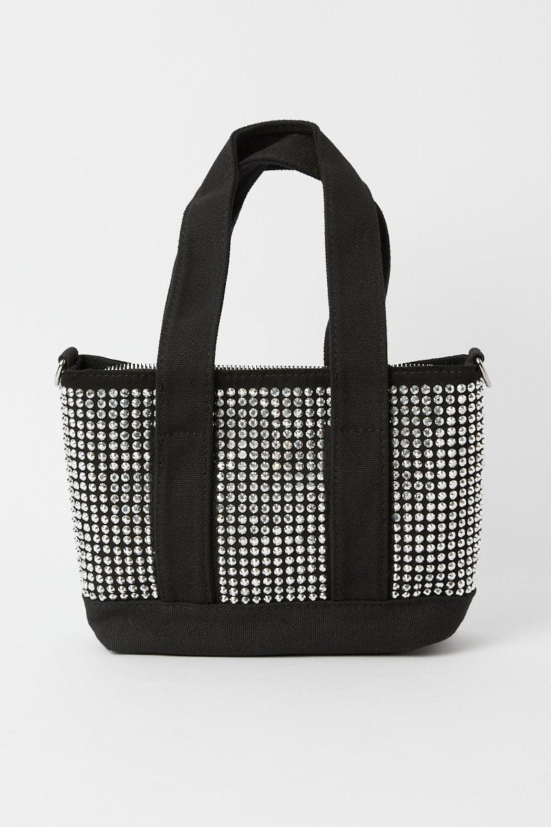 Black Rhinestone Decor Small Tote Bag