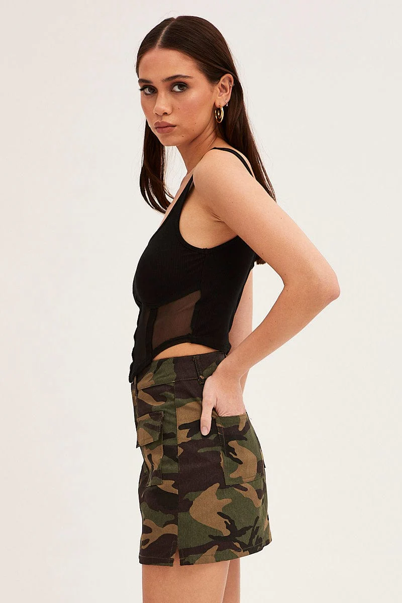 Green Print Camoflage Cargo Mini Skirt
