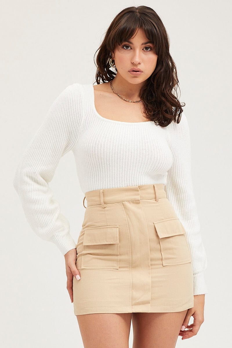 White Knit Top Long Sleeve Square Neck