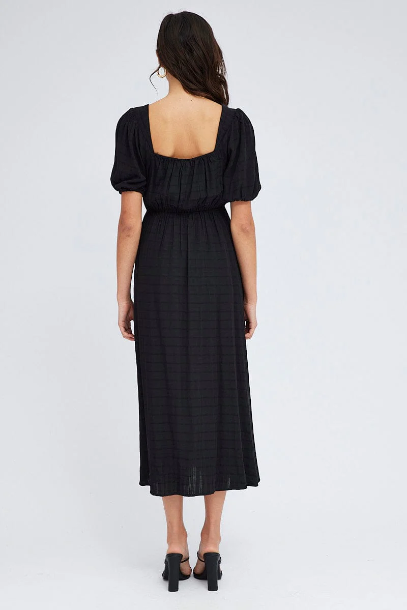 Black Midi Dress Short Sleeve Ruched Bust