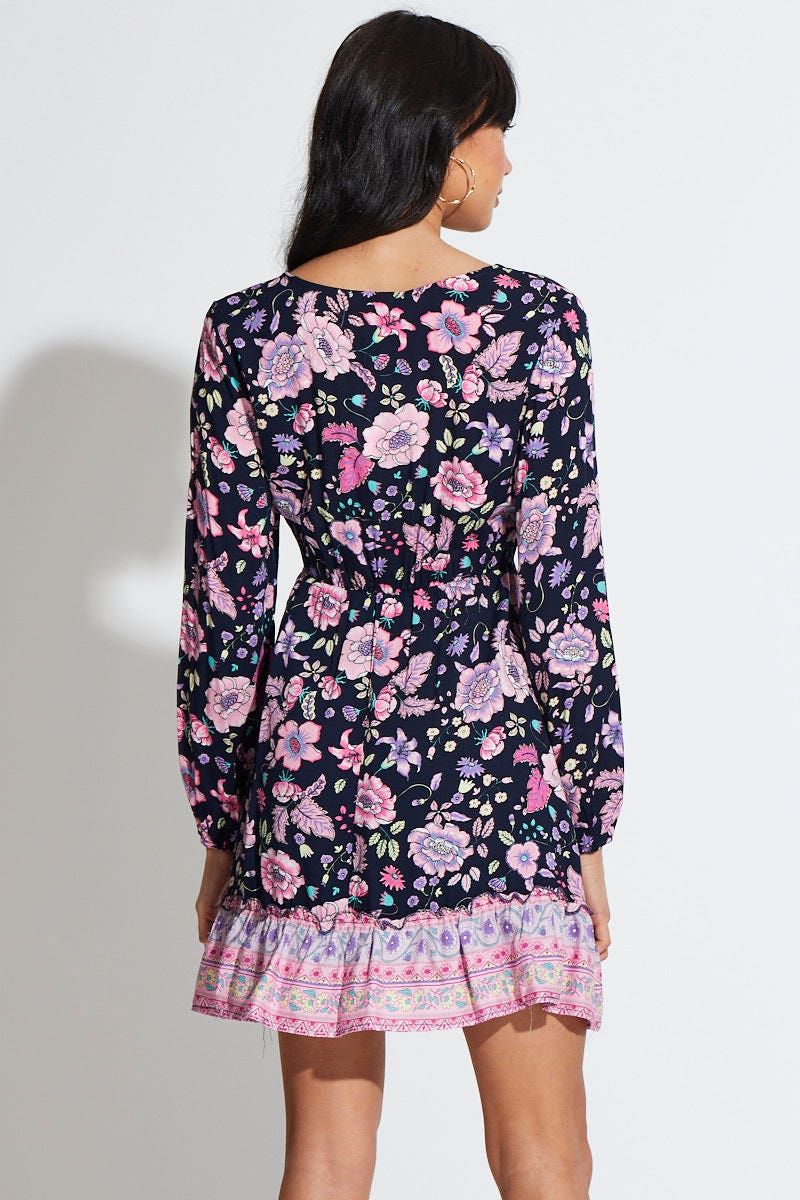 Boho Print Mini Dress Long Sleeve V Neck