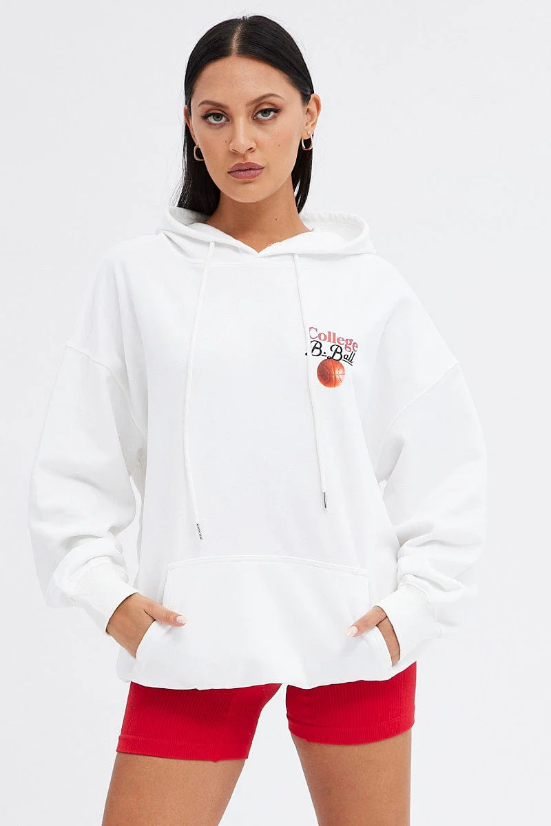 White Hoodie Sweater Long Sleeve Longline Basketball