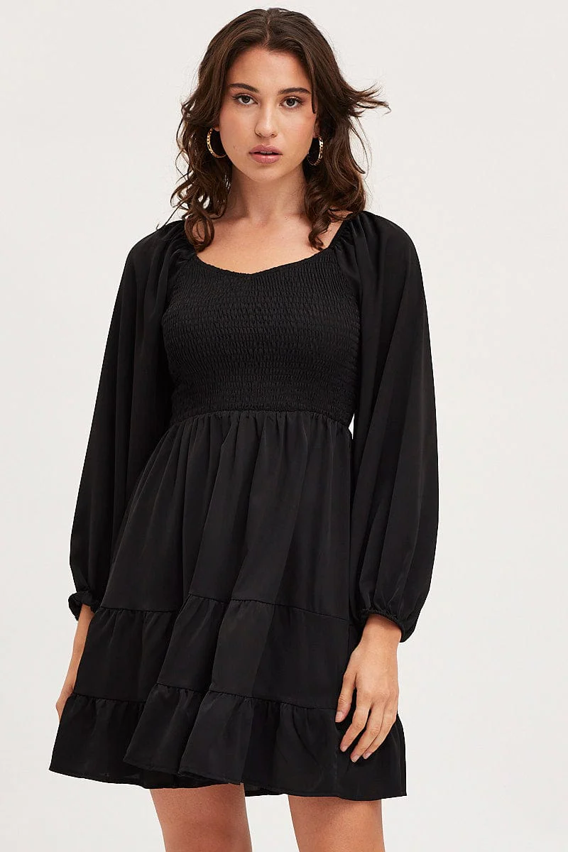 Black Shirred Dress Long Sleeve Mini