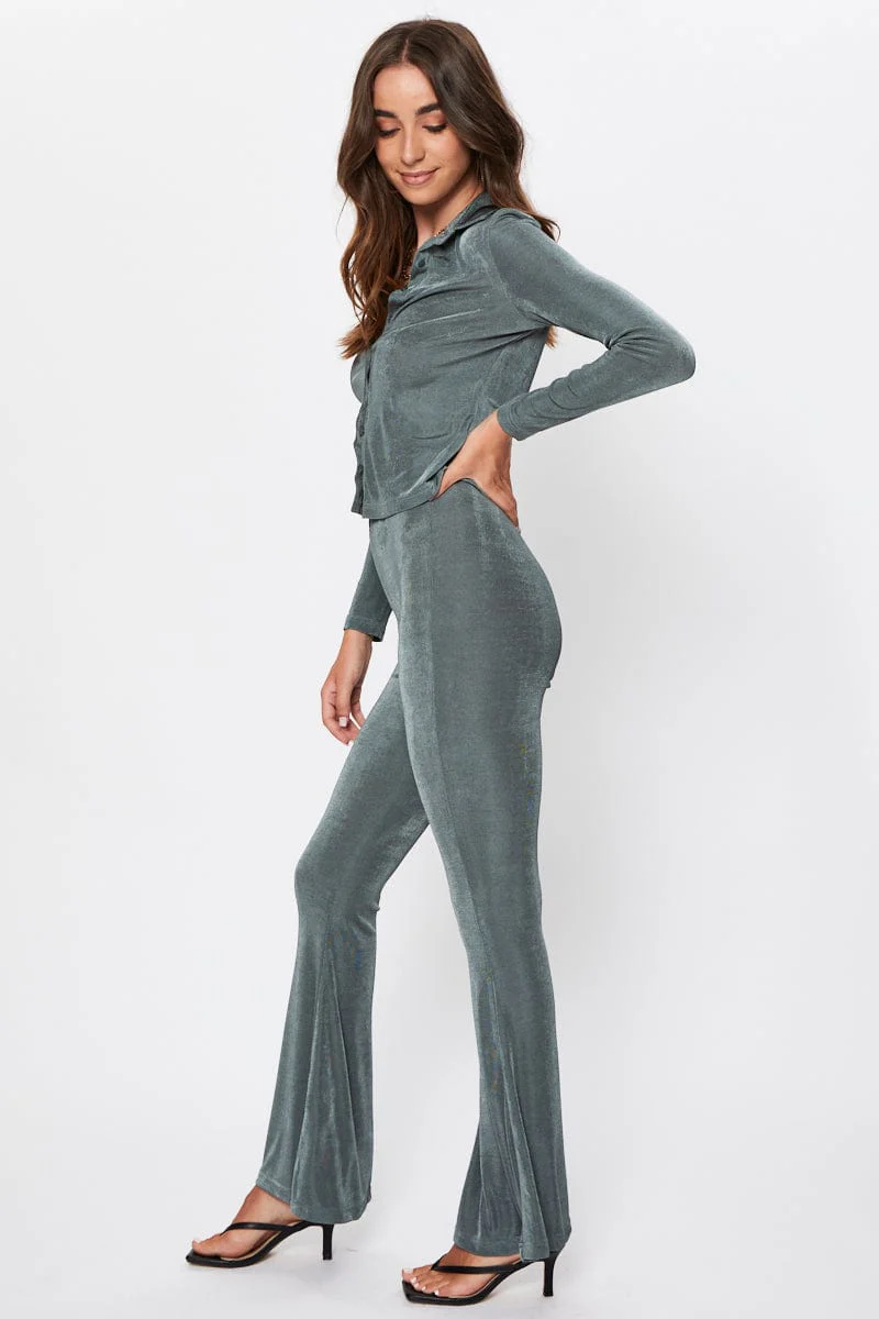 Green Highwaist Jersey Flare Hem Pants