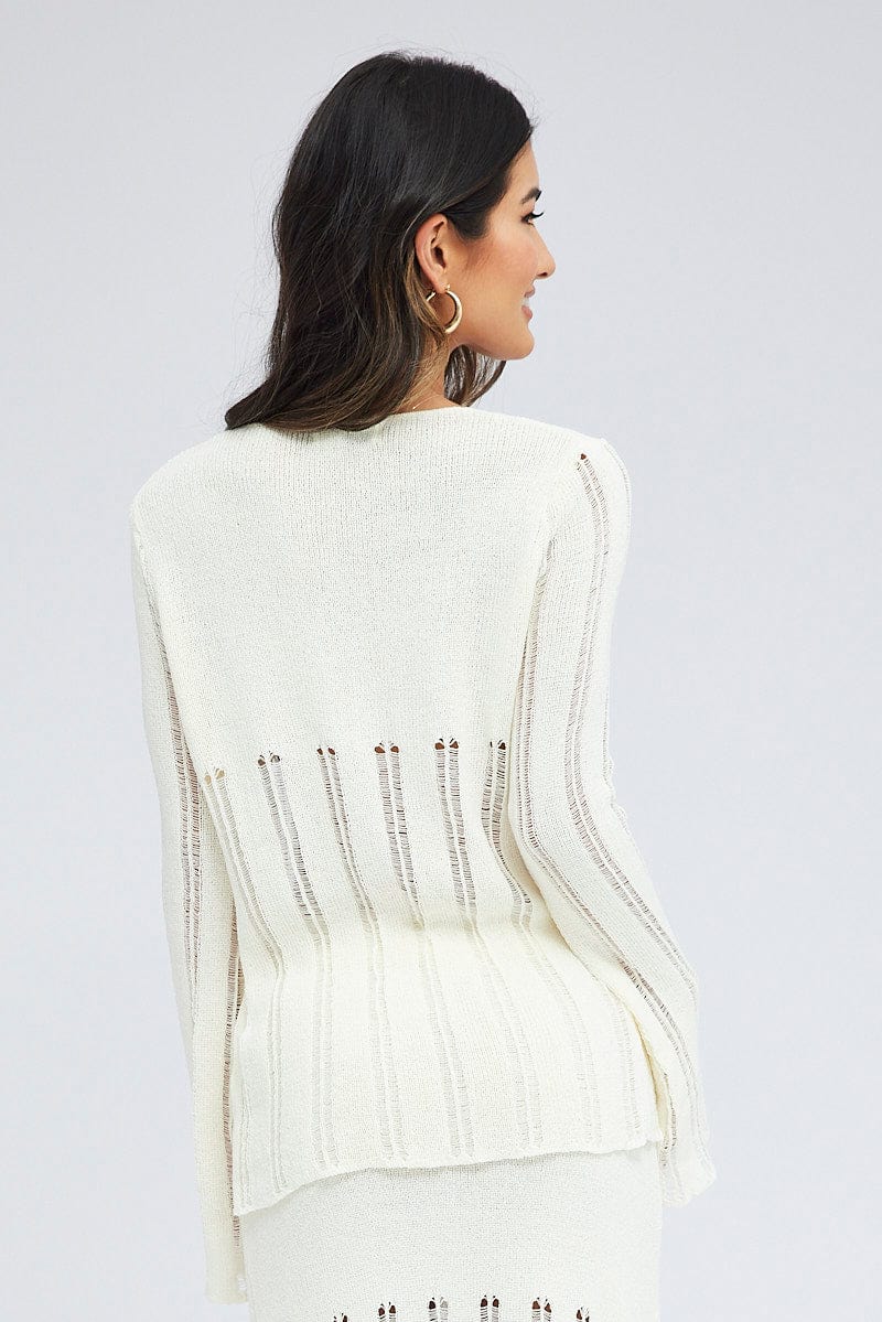 White Cardigan Long Sleeve V Neck Button Ladder Knitted