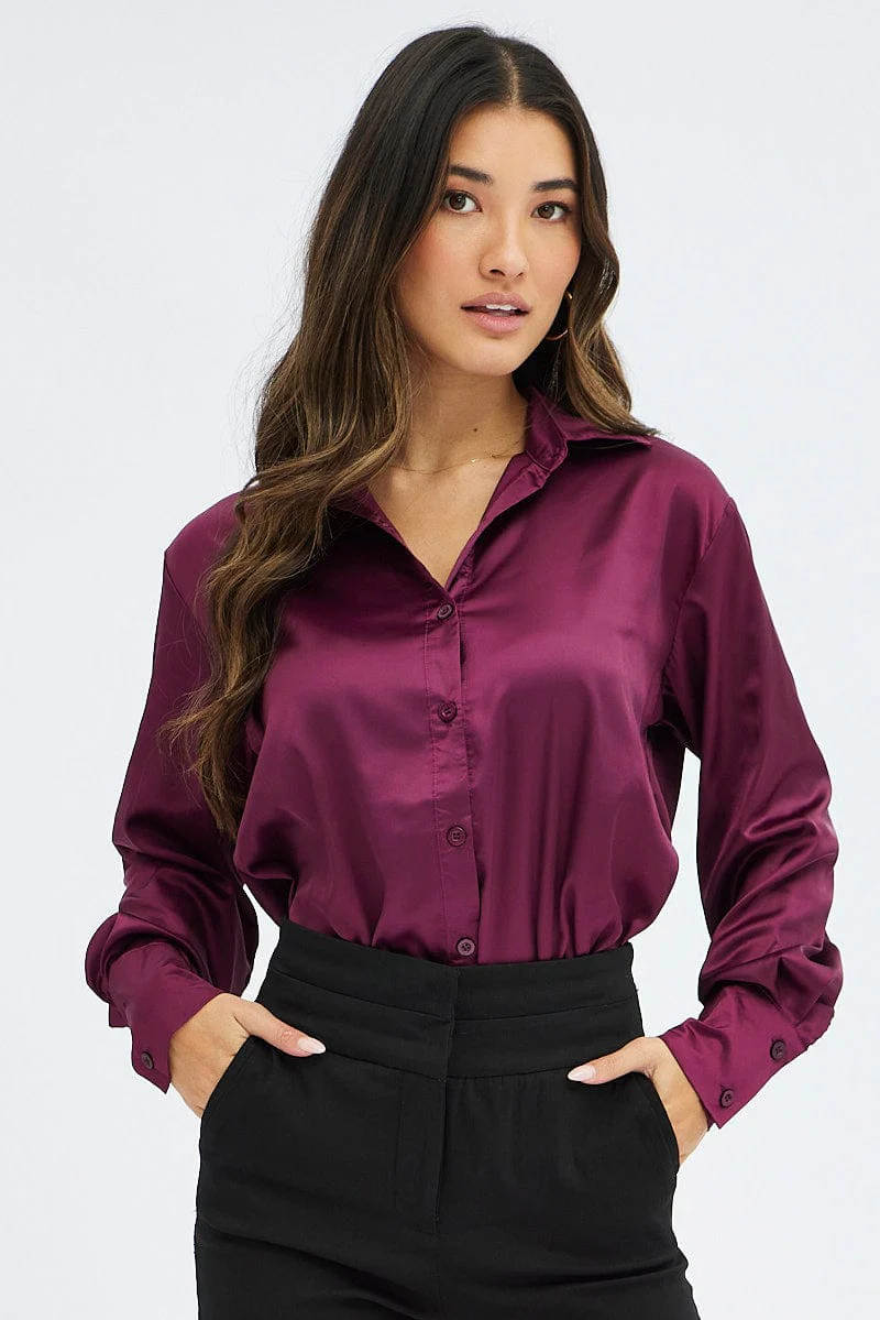Purple Satin Shirt Long Sleeve Collared Neck