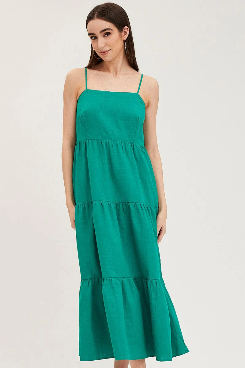 Green Maxi Dress Sleeveless Square Neck