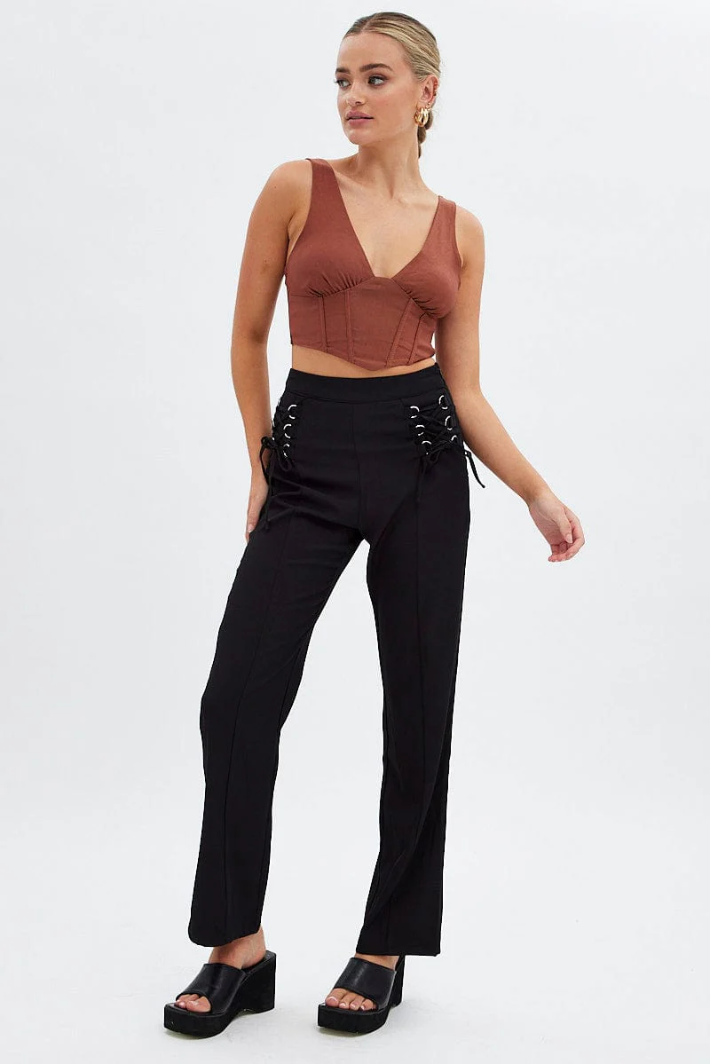 Black Straight Leg Pants High Rise Tailored Lace Up