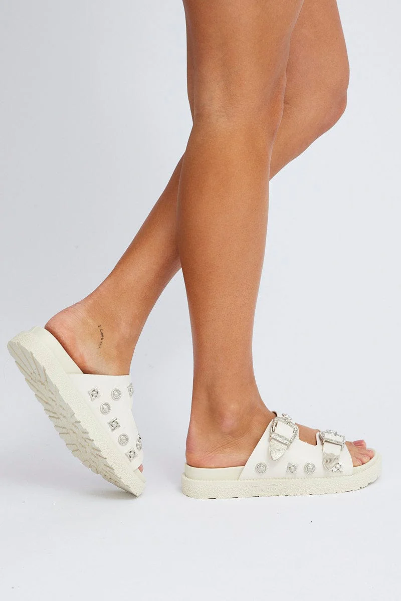 White Buckle Studded Western Footbed Sandal