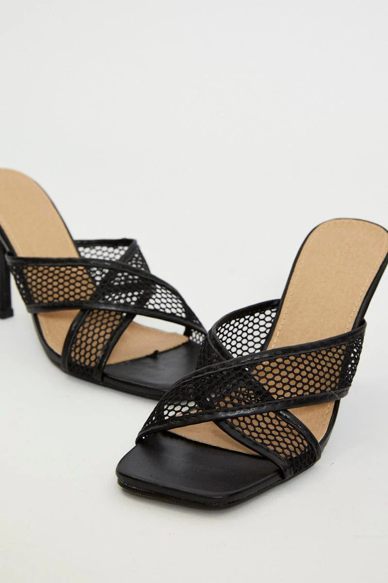 Black Penelope Cross Over Mesh Strap High Heel Mule
