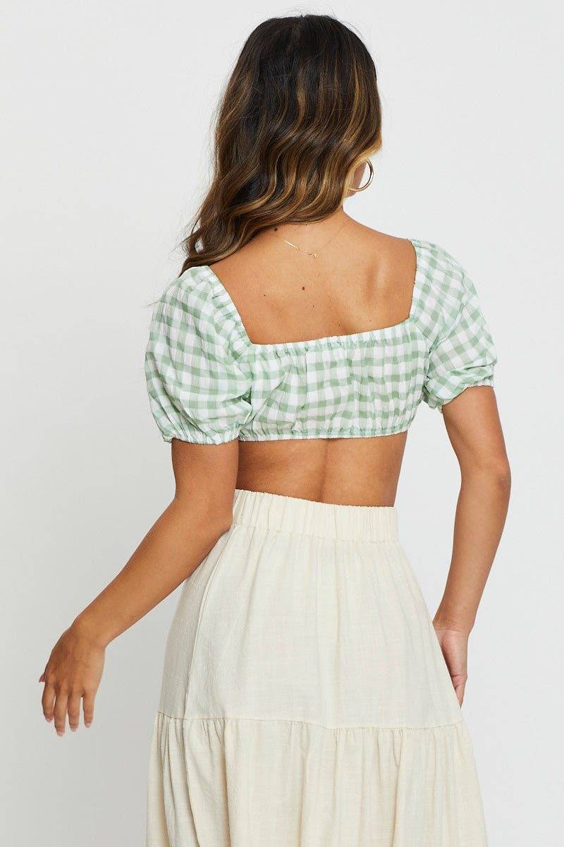 Check Crop Top Short Sleeve Tie Up