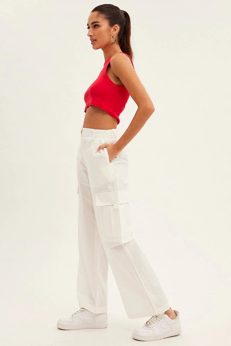 White Cargo Pants Wide Leg Mid Rise