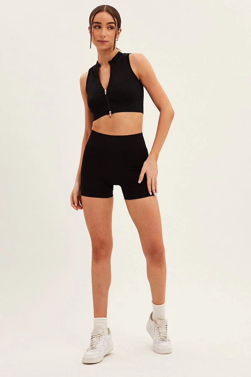 Black Seamless Zip Top And Bike Shorts Activewear Set