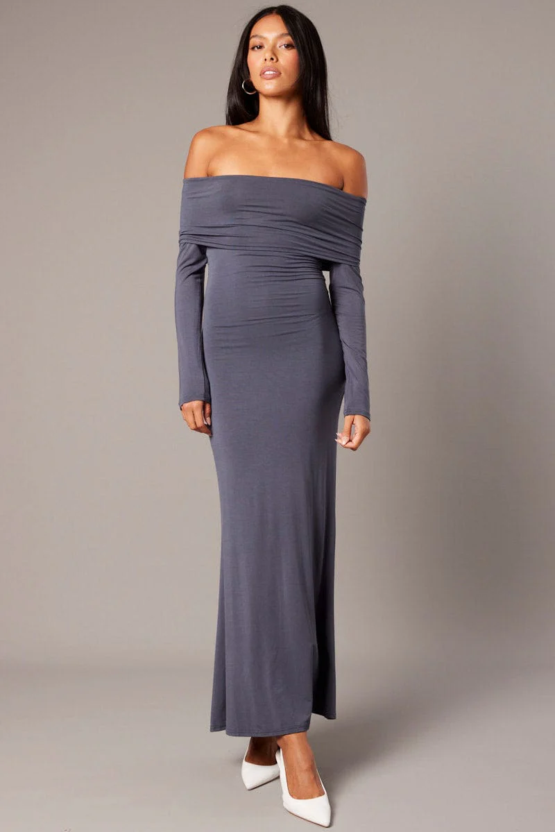 Grey Off Shoulder Dress Long Sleeve Maxi