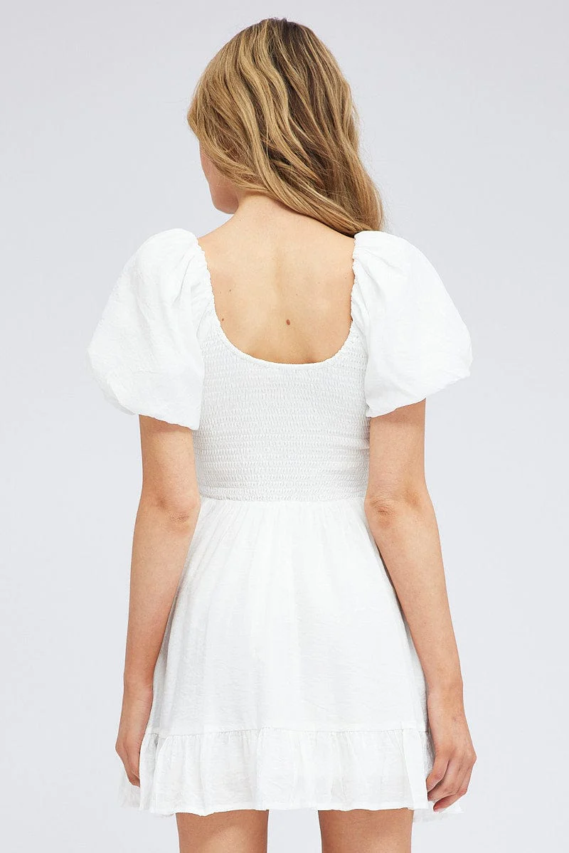 White Fit And Flare Dress Shirred Bust Mini