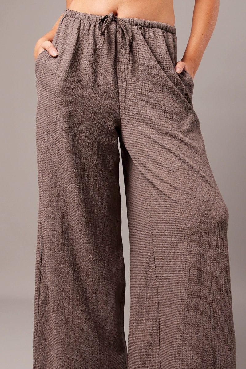 Brown Wide Leg Pants High Rise Textured Fabric