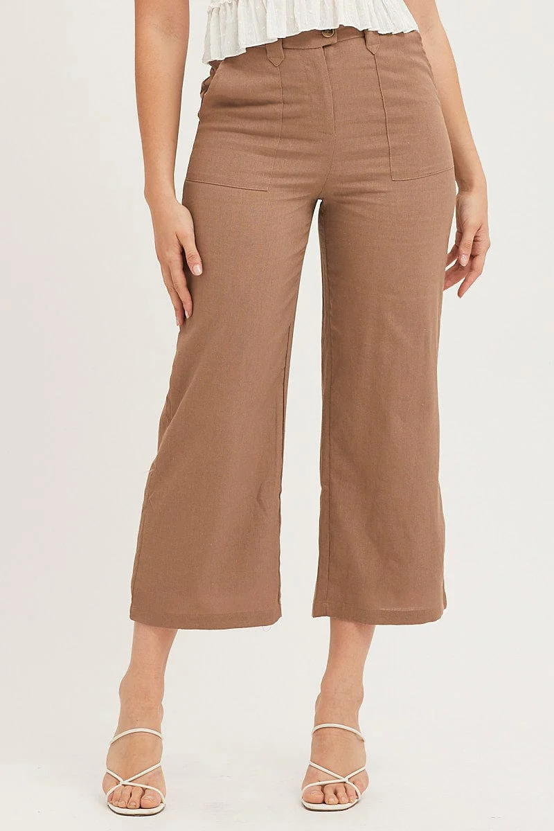 Brown Wide Leg Pants High Rise