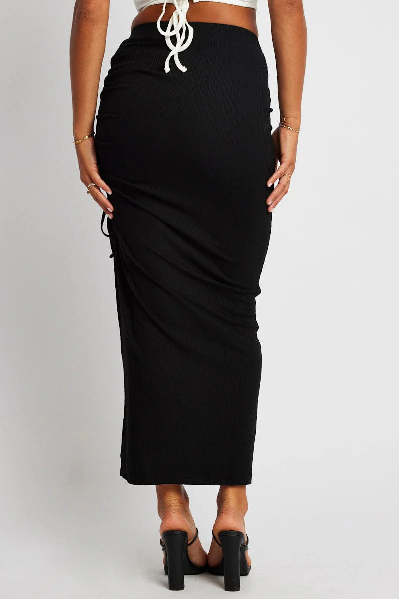 Black Maxi Skirt Side Split Ribbed