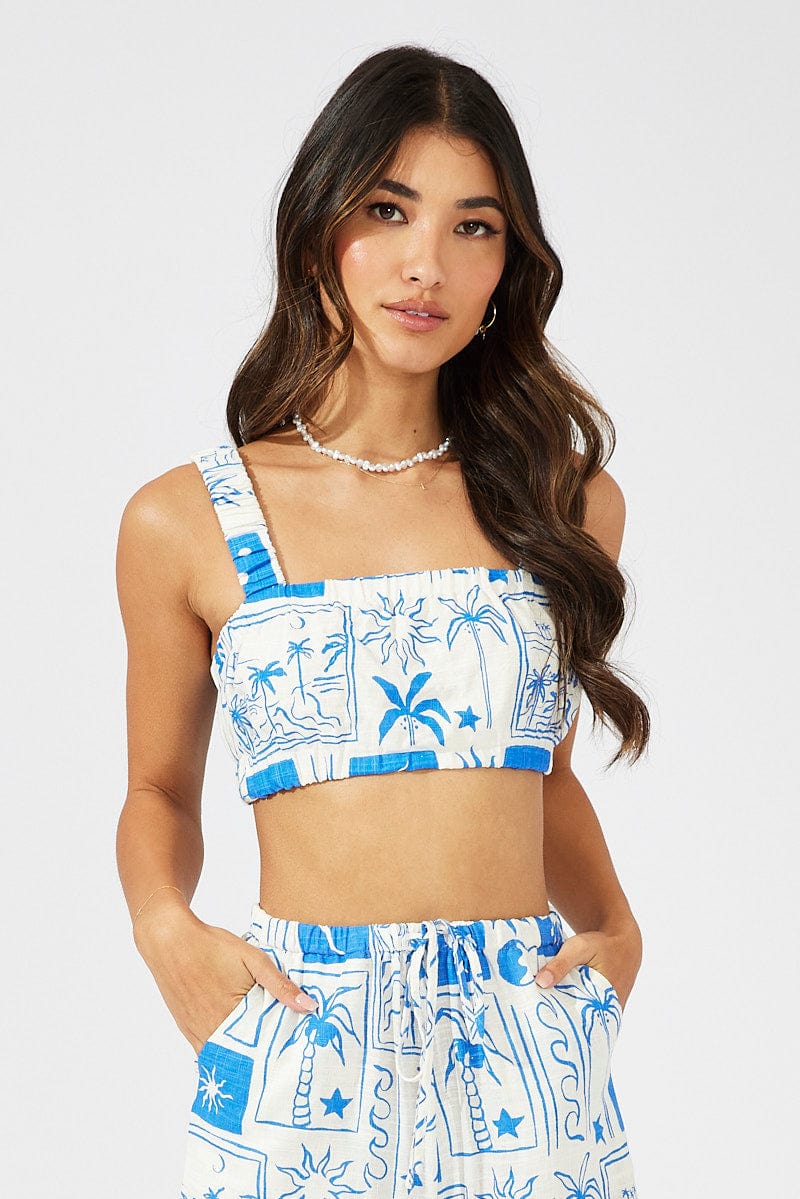 Blue Print Crop Top Square Neck
