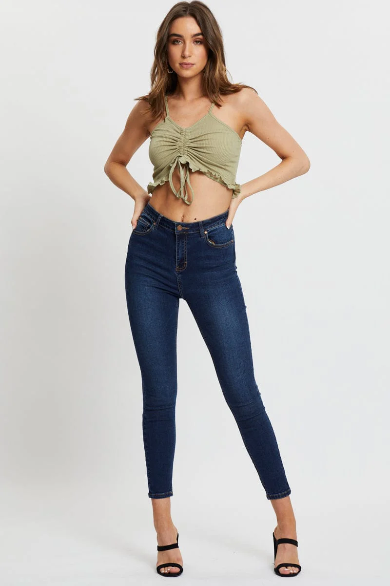 Green Ruched Drawstring Ruffle Cami